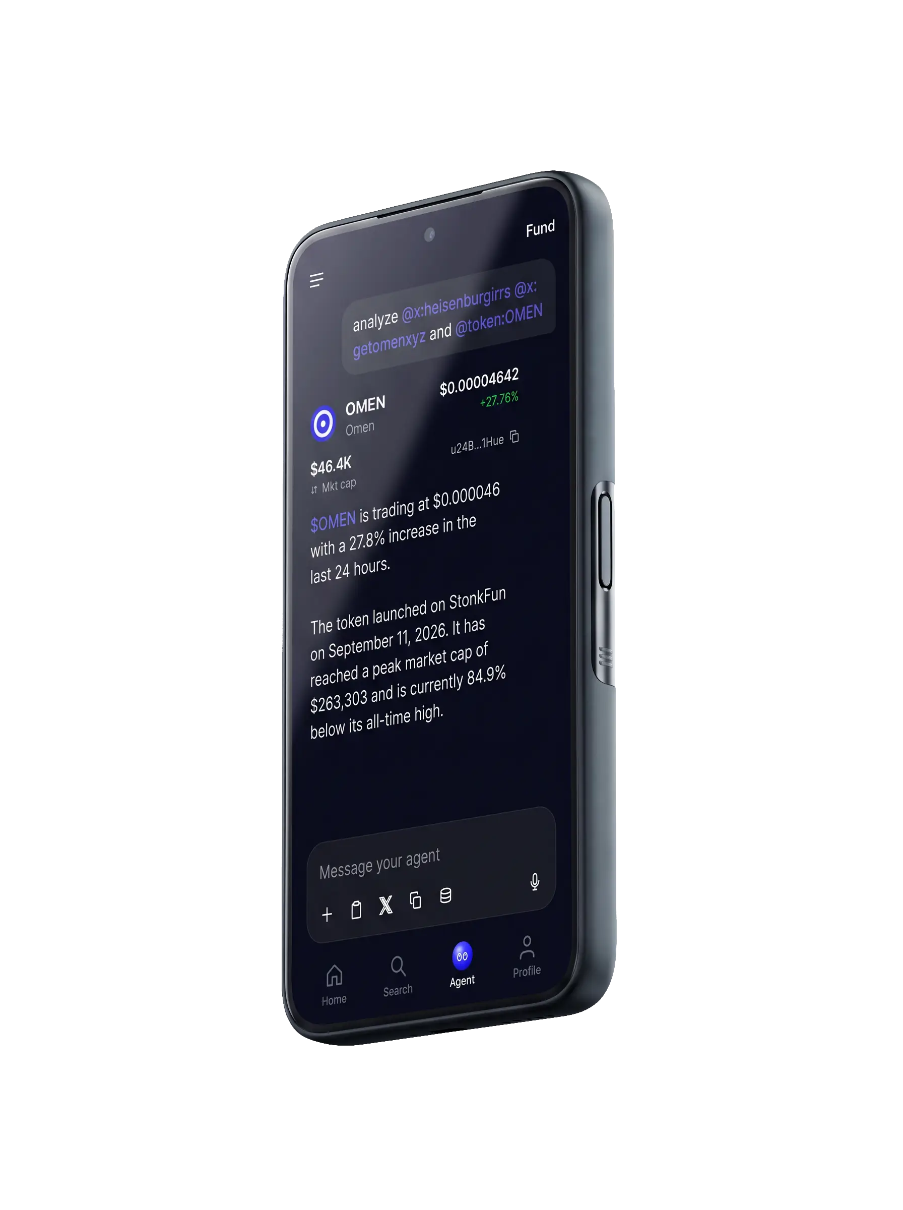 Preview of the agent: a chat where the agent researches reward-paying tokens and places a trade